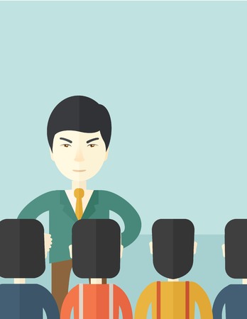 A very angry asian boss standing having a meeting to his employees facing him inside the office. Deadline and work Relationships business concept. A Contemporary style with pastel palette, soft blue tinted background. Vector flat design illustration. Vertのイラスト素材