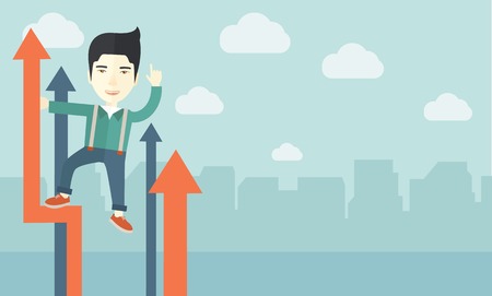 A successful chinese businessman stand on top of graph looking how high he is. Business success, self development concept. A Contemporary style with pastel palette, soft blue tinted background with desaturated cloud. Vector flat design illustration. Horizのイラスト素材