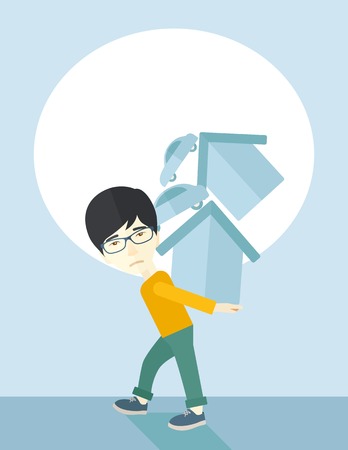 A sad chinese man carrying house and car as his loan or debt from the bank. A Contemporary style with pastel palette, soft blue tinted background. Vector flat design illustration. Vertical layout.のイラスト素材