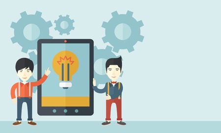 A two asian businessmen standing while holding a big screen tablet with bulb icon a computer tablet perspective view strategy marketing. Business concept. A Contemporary style with pastel palette, soft blue tinted background. Vector flat design illustratiのイラスト素材