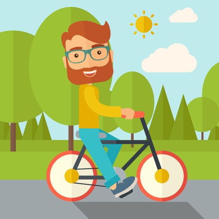 A happy caucasian riding a bicycle under the sun. Contemporary style with pastel palette, soft blue tinted background with desaturated cloud. Vector flat design illustrations. Square layout.のイラスト素材