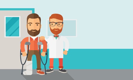 An injured man in crutches assisted by a doctor. Safety concept. Contemporary style with pastel palette, soft blue tinted background. Vector flat design illustrations. Horizontal layout with text space in right side.のイラスト素材