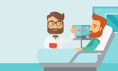 A medical caucasian patient being treated by an expert doctor in a hospital room. Contemporary style with pastel palette, soft blue tinted background. Vector flat design illustrations. Horizontal layout with text space in left side.のイラスト素材