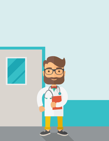 A Young male caucasian doctor standing beside the door with stethoscope and clipboard. Contemporary style with pastel palette, soft blue tinted background. Vector flat design illustrations. Vertical layout with text space on top part.のイラスト素材