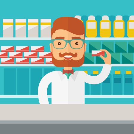 A Young  pharmacy chemist man standing in drugstore. Contemporary style with pastel palette, blue tinted background. Vector flat design illustrations. Square layout.のイラスト素材