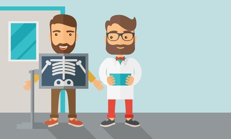 A view of man is holding a X-ray picture.  Contemporary style with pastel palette, soft blue tinted background. Vector flat design illustrations. Horizontal layout with text space in right side.のイラスト素材