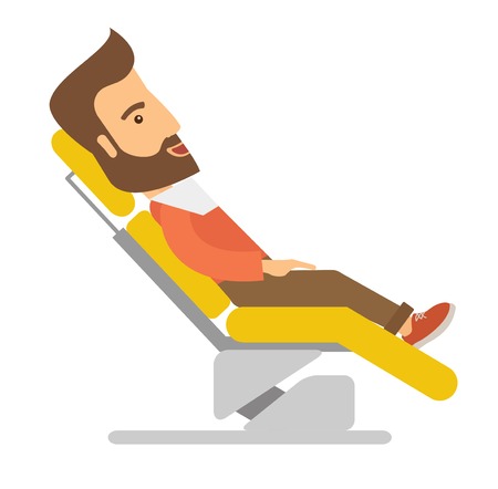 A caucasian Man lying in dentist chair.  A Contemporary style. Vector flat design illustration isolated white background. Square layout.のイラスト素材