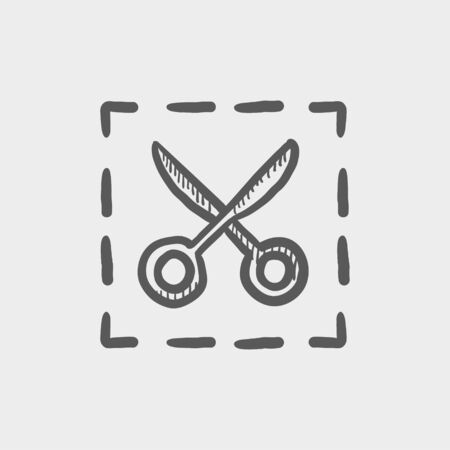 Scissors with cut lines sketch icon for web and mobile. Hand drawn vector dark grey icon on light grey background.のイラスト素材