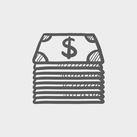 Stack of dollar bills sketch icon for web and mobile. Hand drawn vector dark grey icon on light grey background.のイラスト素材