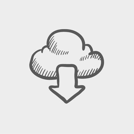 Cloud with arrow down sketch icon for web and mobile. Hand drawn vector dark grey icon on light grey background.のイラスト素材