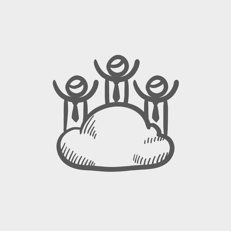 Three men on a cloud sketch icon for web and mobile. Hand drawn vector dark grey icon on light grey background.のイラスト素材