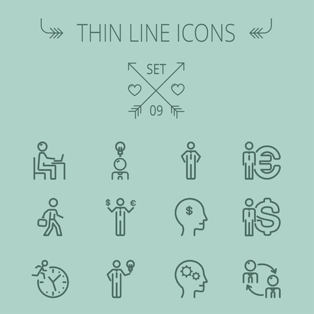 Business thin line icon set for web and mobile. Set includes-head, Euro, US dollar, clock, head, laptop, bulb, businessman icons. Modern minimalistic flat design. Vector dark grey icon on grey background.のイラスト素材