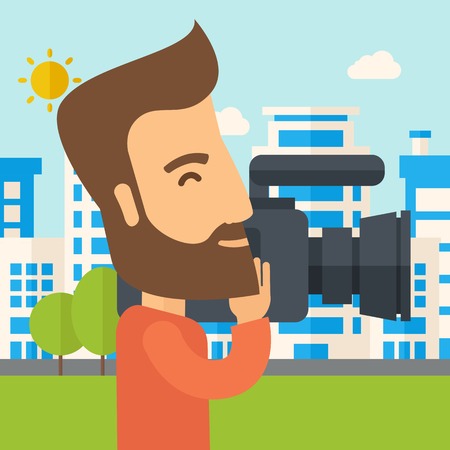 A hipster cameraman with video camera taking a video with thye buildings around. A Contemporary style with pastel palette, soft blue tinted background with desaturated clouds. Vector flat design illustration. Square layout.のイラスト素材