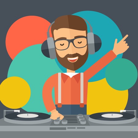 A caucasian disc jockey with headphone mixing music inside the studion room. A contemporary style with pastel palette black tinted and colorful round background. Vector flat design illustration. Square layout.のイラスト素材