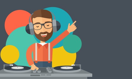 A caucasian disc jockey with headphone mixing music inside the studion room. A contemporary style with pastel palette black tinted and colorful round background. Vector flat design illustration. Horizontal layout with text space in right side.のイラスト素材
