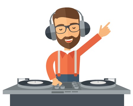 A caucasian disc jockey with headphone mixing music.  A Contemporary style. Vector flat design illustration isolated white background. Horizontal layoutのイラスト素材