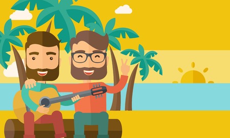 Two caucasian happy playing a guitar at the beach under a palm tree.  Vector flat design illustration. Horizontal layout.のイラスト素材