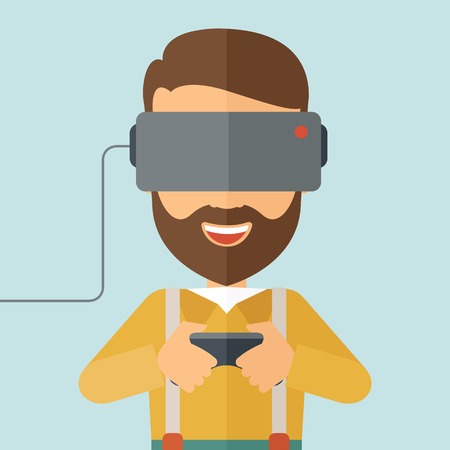 A caucasian wearing with virtual reality headset with remote control. A Contemporary style with pastel palette, soft blue tinted background. Vector flat design illustration. Square layout.のイラスト素材