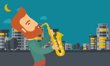 A caucasian saxophonist playing in the streets at night with moon and clouds. Vector flat design illustration. Horizontal layout.のイラスト素材