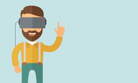 A man with isometric virtual reality headset. A Contemporary style with pastel palette, soft blue tinted background. Vector flat design illustration. Horizontal layout with text space in right side.のイラスト素材