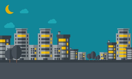 A night scenery of building city with moon. Vector flat design illustration. Horizontal layout.のイラスト素材