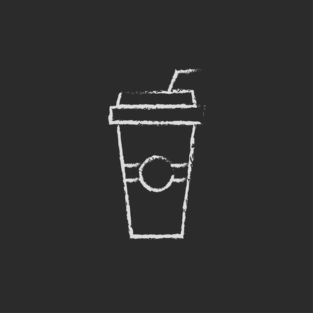 Disposable cup with drinking straw hand drawn in chalk on a blackboard vector white icon isolated on a black background.のイラスト素材