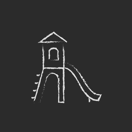 Playground with slide hand drawn in chalk on a blackboard vector white icon isolated on a black background.のイラスト素材