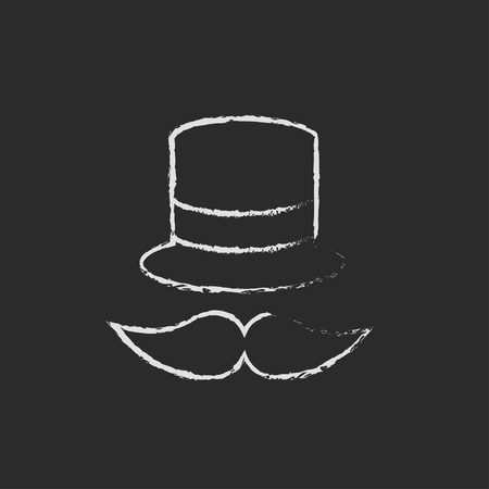 Hat and mustache hand drawn in chalk on a blackboard vector white icon isolated on a black background.のイラスト素材