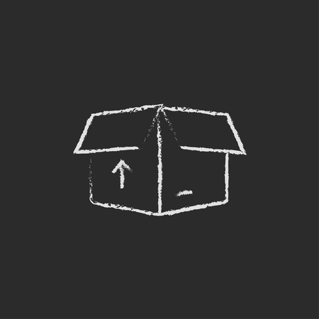 Open box with arrow hand drawn in chalk on a blackboard vector white icon isolated on a black background.のイラスト素材