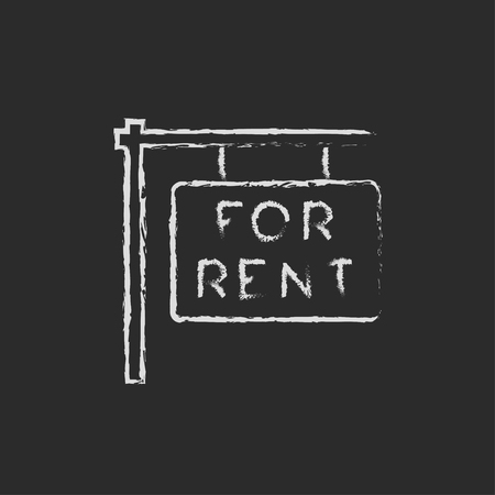 For rent placard hand drawn in chalk on a blackboard vector white icon isolated on a black background.のイラスト素材