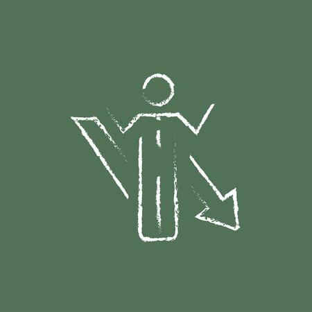 Businessman with arrow down hand drawn in chalk on a blackboard vector white icon isolated on a green background.のイラスト素材