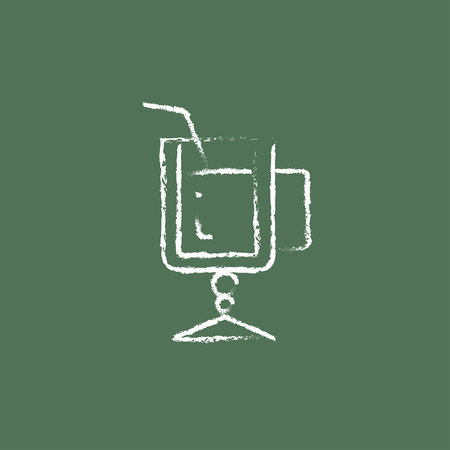 Glass with drinking straw hand drawn in chalk on a blackboard vector white icon isolated on a green background.のイラスト素材