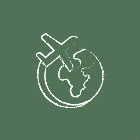 Airplane flying around the world hand drawn in chalk on a blackboard vector white icon isolated on a green background.のイラスト素材
