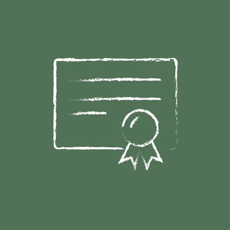 Certificate hand drawn in chalk on a blackboard vector white icon isolated on a green background.のイラスト素材