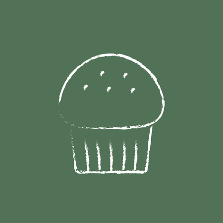 Cupcake hand drawn in chalk on a blackboard vector white icon isolated on a green background.のイラスト素材