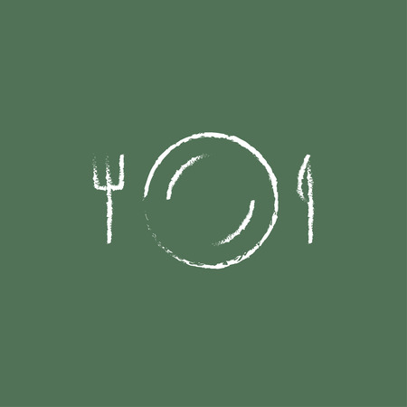 Plate with cutlery hand drawn in chalk on a blackboard vector white icon isolated on a green background.のイラスト素材