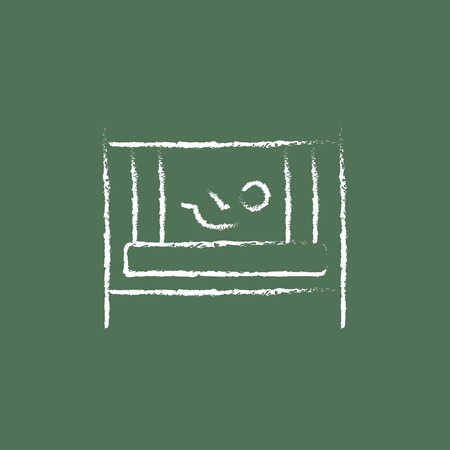 Baby in the crib hand drawn in chalk on a blackboard vector white icon isolated on a green background.のイラスト素材