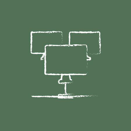 Group of monitors hand drawn in chalk on a blackboard vector white icon isolated on a green background.のイラスト素材