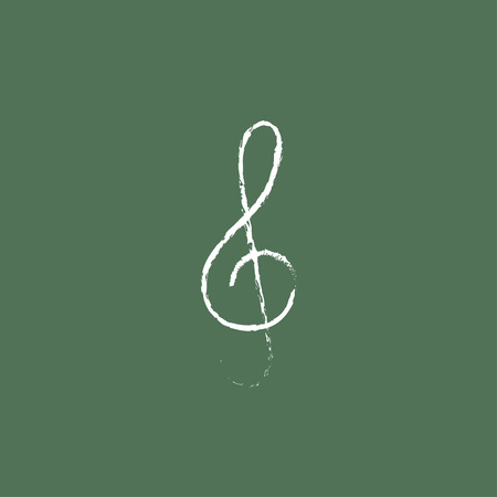 G-clef hand drawn in chalk on a blackboard vector white icon isolated on a green background.のイラスト素材