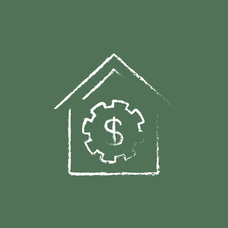 House with dollar symbol hand drawn in chalk on a blackboard vector white icon isolated on a green background.のイラスト素材