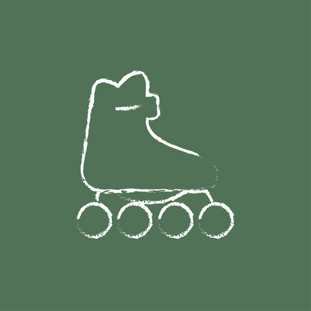 Roller skate hand drawn in chalk on a blackboard vector white icon isolated on a green background.のイラスト素材