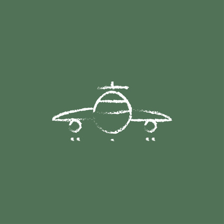 Airplane hand drawn in chalk on a blackboard vector white icon isolated on a green background.のイラスト素材