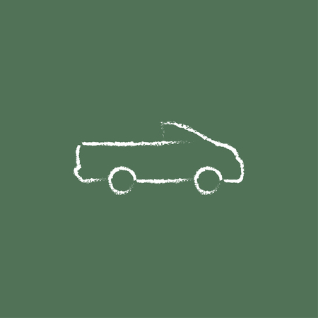 Pick up truck hand drawn in chalk on a blackboard vector white icon isolated on a green background.のイラスト素材