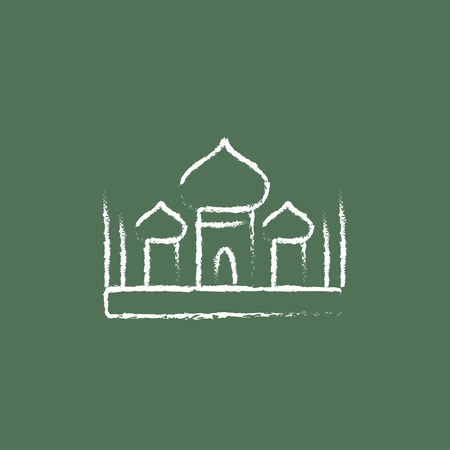 Mosque hand drawn in chalk on a blackboard vector white icon isolated on a green background.のイラスト素材