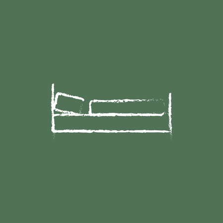 Bed hand drawn in chalk on a blackboard vector white icon isolated on a green background.のイラスト素材