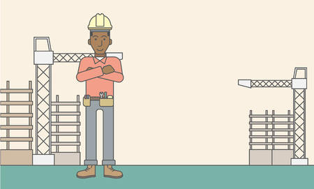 Confident african-american builder at construction site. Vector line design illustration. Horizontal layout with a text space.のイラスト素材