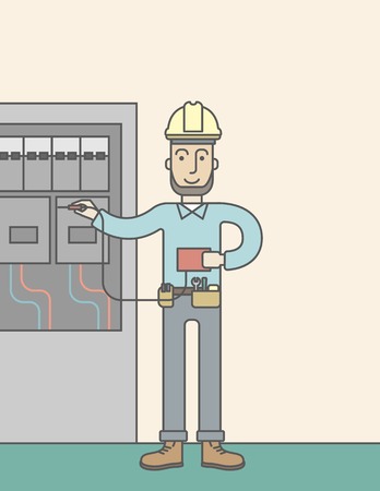 A caucasian hipster electrician with beard measuring the voltage output on an industrial power distribution center. Vector line design illustration. Vertical layout with a text space.のイラスト素材