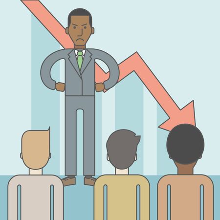 Angry boss disappointed by falling down graph standing in front of employees. Bankruptcy concept. Vector line design illustration. Square layout.のイラスト素材