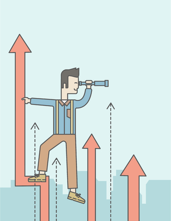 An asian businessman standing on the top of graph arrow looking through telescope. Business development concept.  Vector line design illustration. Vertical layout with a text space.のイラスト素材