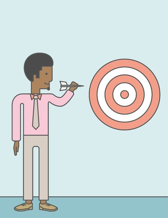 An african-american businessman standing with arrow and aiming at a target board. Vector line design illustration. Vertical layout with a text space.のイラスト素材